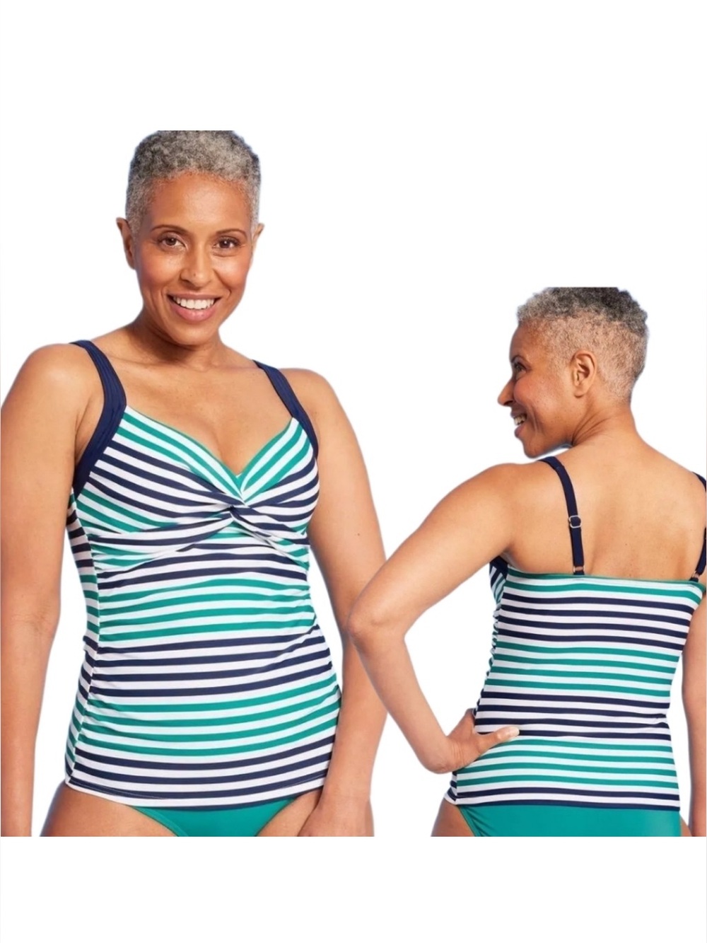 Lands' End Underwire Striped Twist-Front One-Piece in Green & Navy